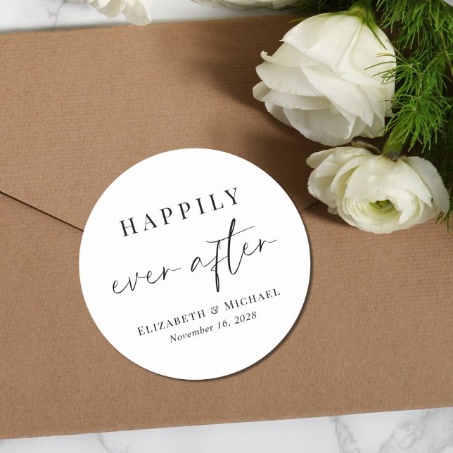 Chic Happily Ever After Wedding Classic Round Sticker (Creator Uploaded)