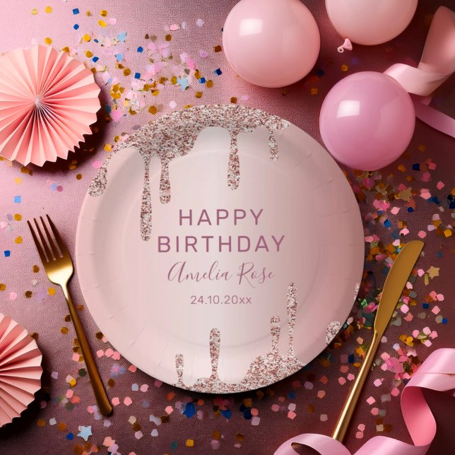 Chic Happy Birthday Rose Gold Glitter  Paper Plate (Creator Uploaded)
