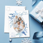 Chic Happy Hanukkah Blue Botanical Family Photo Holiday Postcard<br><div class="desc">Beautiful blue watercolor botanical leaves spring out of your vertical Jewish family photograph for a Happy Hanukkah. Personalize this chic Chanukah photo postcard.</div>