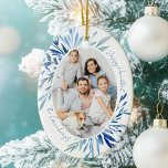 Chic Happy Hanukkah Family Photo Blue Ceramic Ornament<br><div class="desc">Beautiful blue watercolor botanical leaves spring out of your vertical Jewish family photograph for a Happy Hanukkah ornament. Personalize this chic Chanukah photo gift for the holidays.</div>