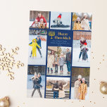 Chic Happy Hanukkah Family Photo Collage Blue Gold Holiday Card<br><div class="desc">Chic customizable Jewish family photo collage Hanukkah card with a collection of winter photos. Add 9 of your favourite Chanukah memories on this modern 9 photograph layout around a menorah and gold script. Happy Hanukkah.</div>