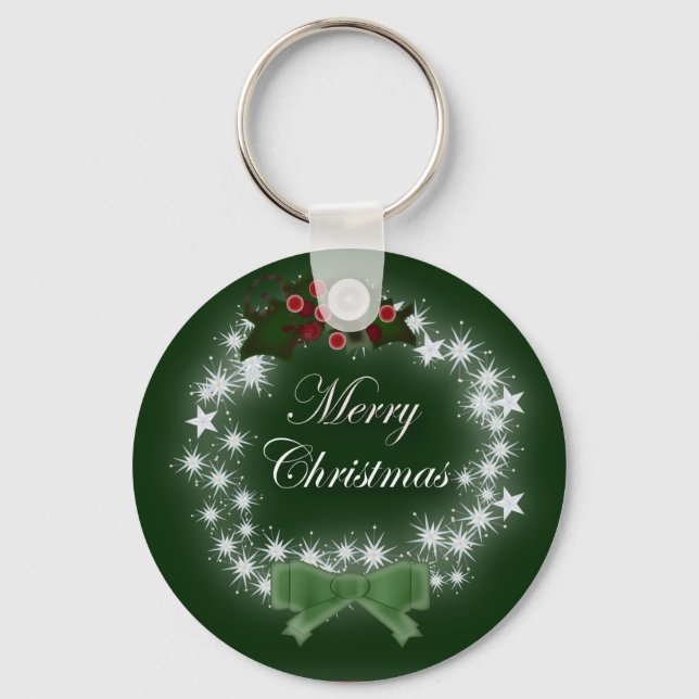 Chic Happy Holiday modern christmas wreath Keychain (Front)