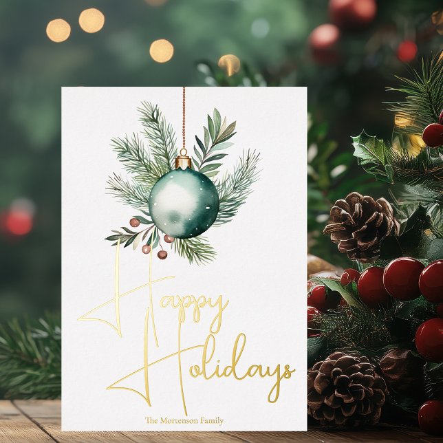 Chic Happy Holidays Green Christmas Ornament Gold Foil Holiday Card (Creator Uploaded)
