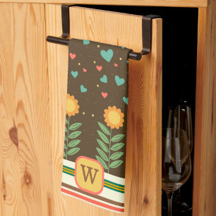 Chic Heart Floral Pattern Brown Monogram Initial   Kitchen Towel