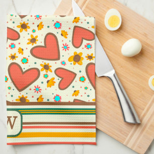 Chic Heart Floral Pattern Monogram Initial   Kitchen Towel