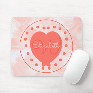 Chic Heart Initial Letter Monogram Coral White Mouse Pad