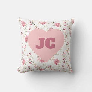Chic Heart Monogram Initials Pink Floral Shabby Throw Pillow