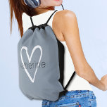 Chic Heart Personalized Dusty Blue Drawstring Bag<br><div class="desc">This dusty blue lightweight drawstring bag is personalized with your name in a simple font over a large white heart. Ideal for yourself,  for your bridesmaids,  book club,  graduation gift,  birthday gift,  teacher's gift or any occasion. MORE colours and items in our store.</div>