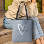Chic Heart Personalized Dusty Blue Tote Bag<br><div class="desc">This dusty blue tote bag is personalized with your name in a simple font over a large white heart. Ideal for yourself,  for your bridesmaids,  book club,  graduation gift,  birthday gift,  teacher's gift or any occasion. MORE colours in our store.</div>