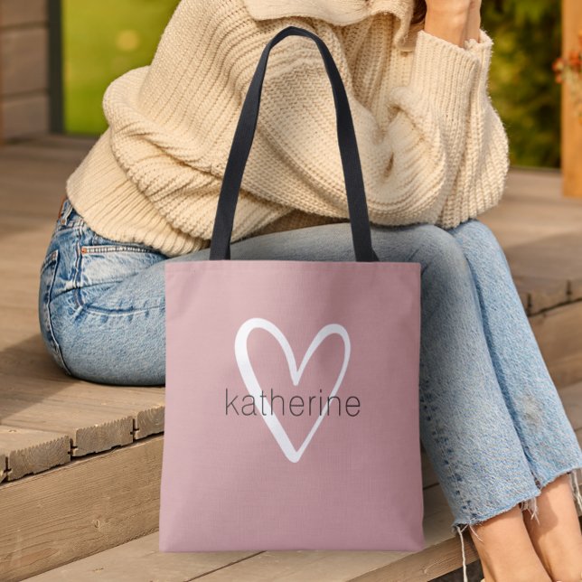 Chic Heart Personalized Dusty Rose Tote Bag (Custom Tote Bag by PartyInvitationShop.com)