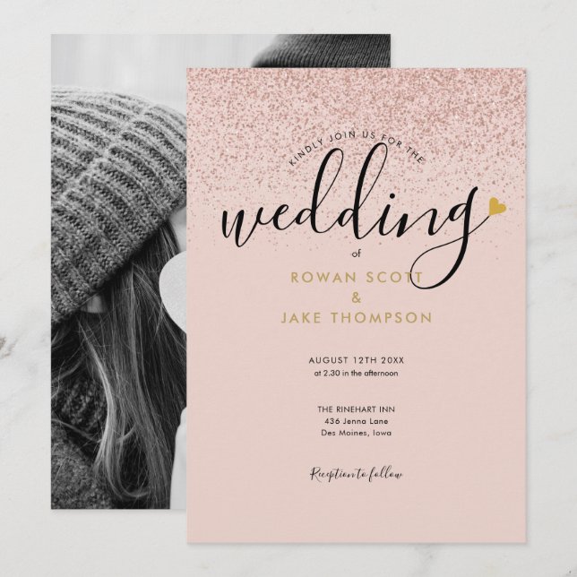 Chic Heart Rose Gold Glitter Photo Wedding Invitation (Front/Back)