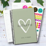 Chic Heart Sage Green Weekly Monthly Non Dated Planner<br><div class="desc">This sage green planner is personalized with your name in a simple font over a large white heart. Ideal for yourself or a great gift for any occasion. MORE colours and MATCHING items in our collection.</div>