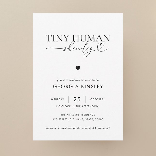 Chic Heart Script Tiny Human Shindig Baby Shower Invitation (Creator Uploaded)