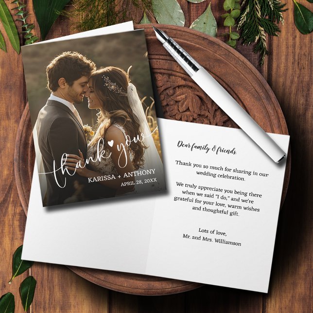 Chic Heart Wedding Photo Folded Thank You  Note Card (Wedding Photo Heart Folded Thank You Note Cards)