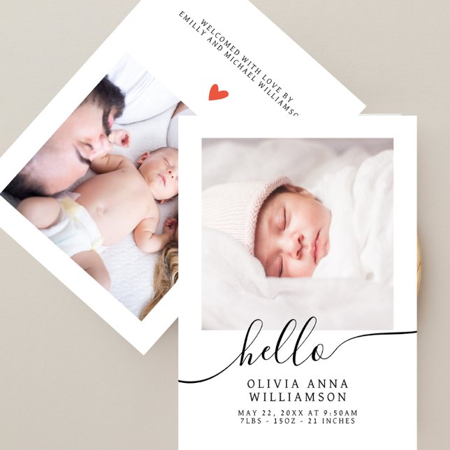 Chic Hello Script Elegant Photo Baby Announcement (Creator Uploaded)