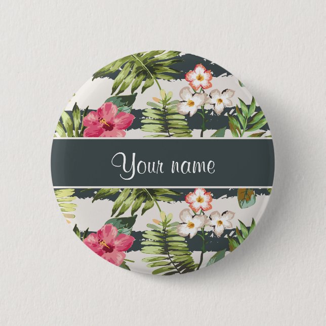 Chic Hibiscus Flowers and Stripes 2 Inch Round Button (Front)