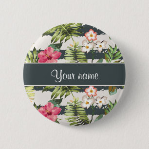 Chic Hibiscus Flowers and Stripes 2 Inch Round Button