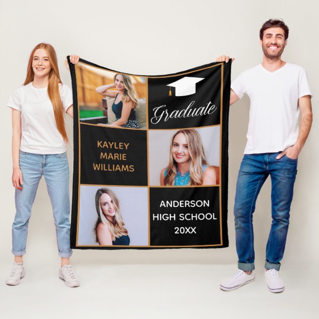 Chic High School Senior Photo Black Gold Fleece Blanket (In Situ)