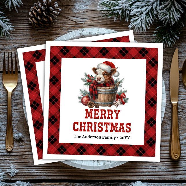 Chic highland cow red black plaid festive napkins (Chic highland cow red black plaid festive napkin)