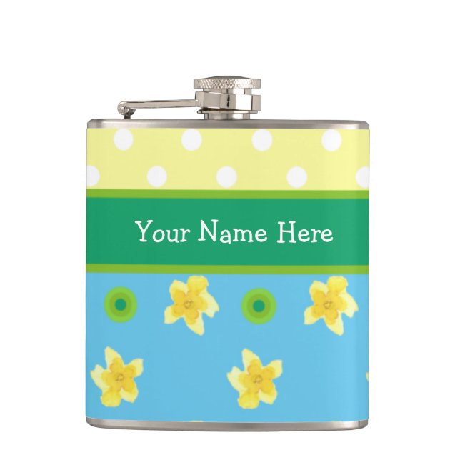 Chic Hip Flask to Personalize: Primroses, Polkas (Front)