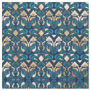 Chic Hipster Gold Emerald Blue Tribal Artsy Damask Fabric