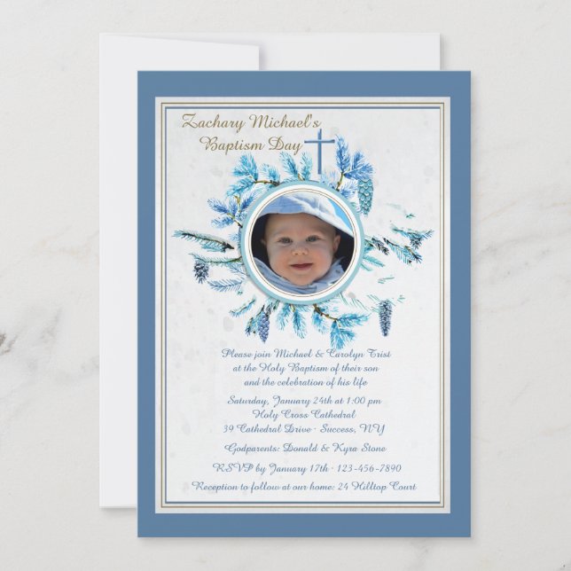 Chic hiver Religieux Photo Invitation Bleu (Devant)