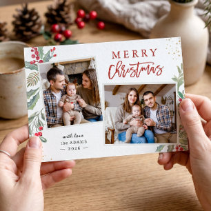 Chic Holly Berries Merry Christmas 2 Photo Holiday Card