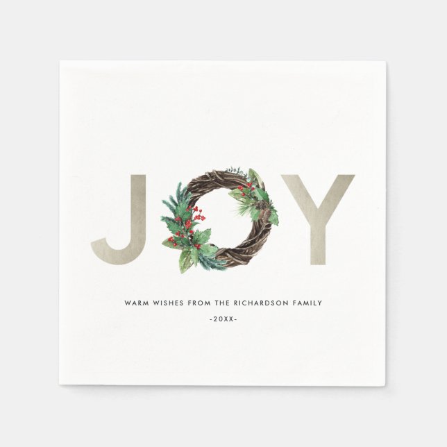CHIC HOLLY BERRY GREEN SILVER JOY WREATH CHRISTMAS NAPKIN (Front)