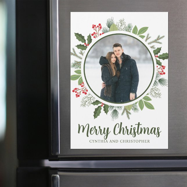 Chic Holly Christmas Wreath Photo Magnet Card (Creator Uploaded)