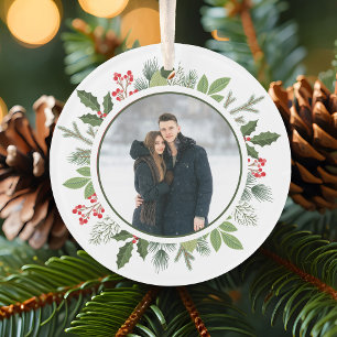 Chic Holly Wreath 2 Sided Couple Photo Christmas Ornament