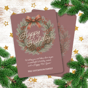 Chic Holly Wreath Red Bow On Mauve Pink Rose Gold Foil Holiday Card