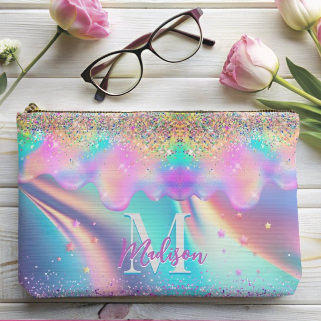 Chic holographic dripping glitter monogram accessory pouch (Creator Uploaded)