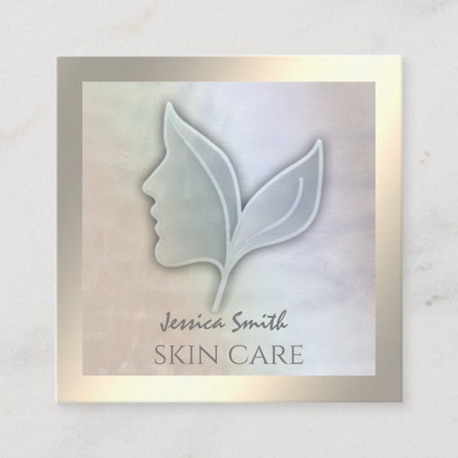 Chic holographic elegant girl face leaves square business card (Front)