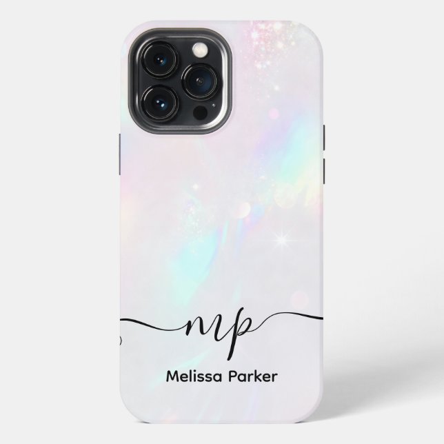 Chic Holographic Iridescent Monogram iPhone Case (Back)