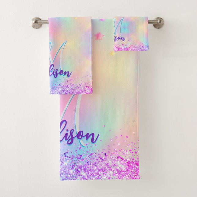 Chic holographic unicorn dripping glitter monogram bath towel set (Insitu)