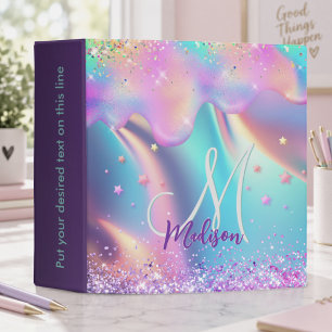 Chic holographic unicorn dripping glitter monogram binder
