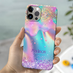 Chic holographic unicorn dripping glitter monogram iPhone 16 case