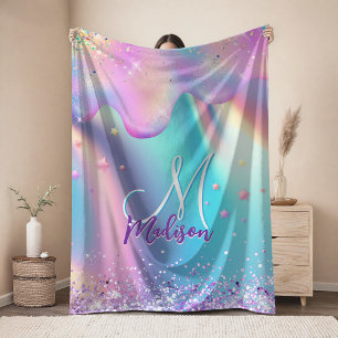 Chic holographic unicorn dripping glitter monogram fleece blanket