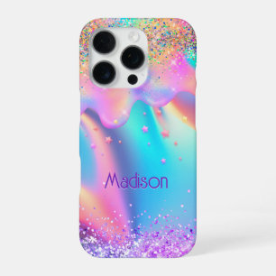 Chic holographic unicorn dripping glitter monogram iPhone 16 pro case