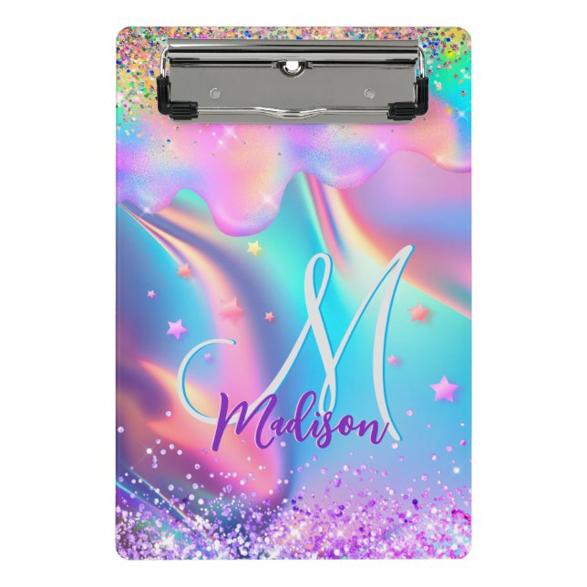 Chic holographic unicorn dripping glitter monogram mini clipboard (Front)