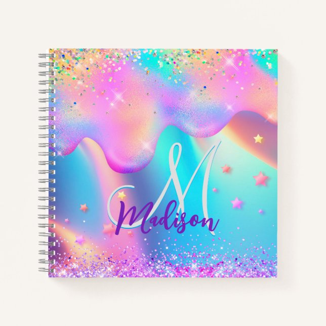 Chic holographic unicorn dripping glitter monogram notebook (Front)