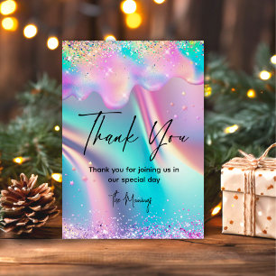 Chic holographic unicorn drips glitter thank you card