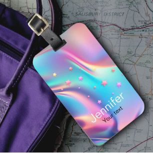 Chic holographic unicorn stars monogram luggage tag