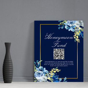 Chic Honeymoon Fund Navy Blue Gold Floral Wedding  Poster