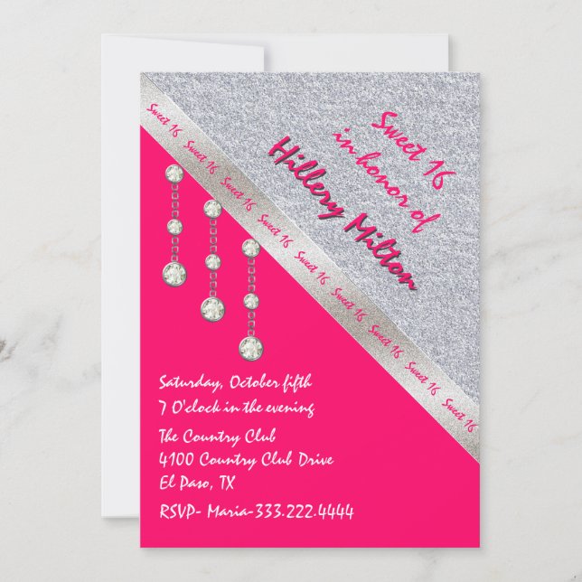 Chic Hot Pink and Silver Sweet 16 Invitation (Front)