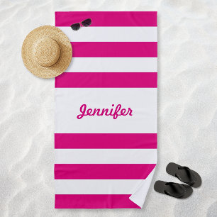 Chic Hot Pink and White Stripes Personalized Beach Towel