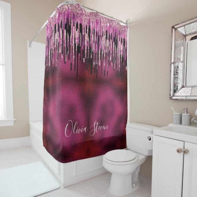 Chic hot pink black drippings glitter monogram (In Situ)