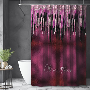 Chic hot pink black drippings glitter monogram
