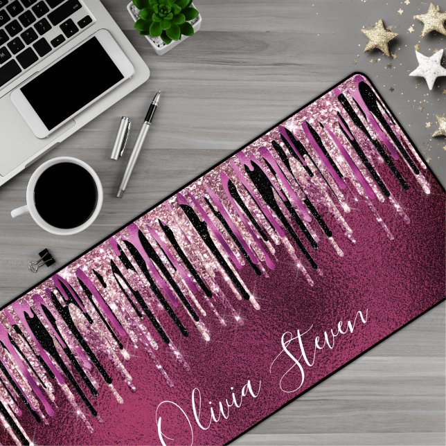 Chic hot pink black drippings glitter monogram desk mat (Creator Uploaded)