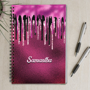 Chic hot pink black drippings glitter monogram notebook